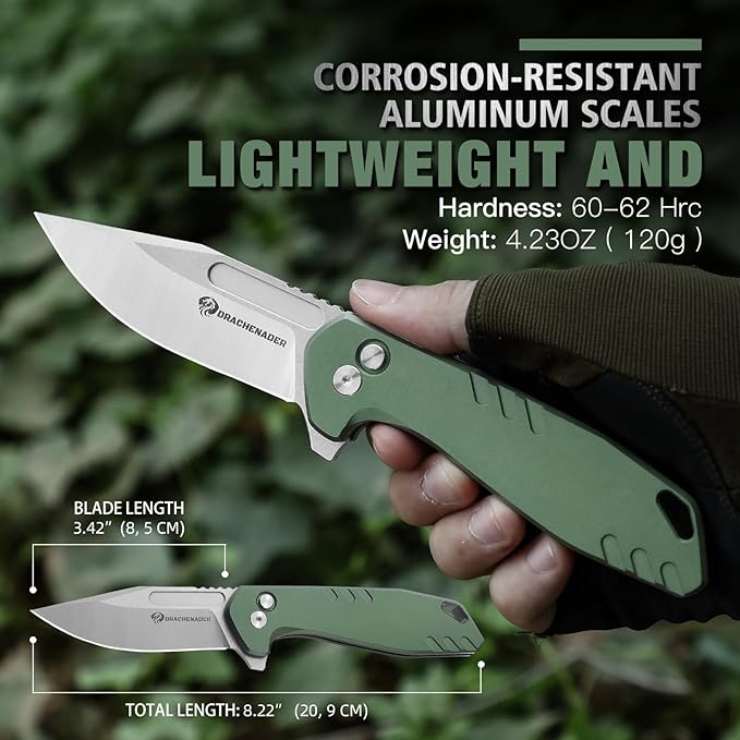 B-FENG 8.22" Button Lock Pocket Knife for Men, 3.42" D2 Blade Folding Knife with Clip and Sheath, EDC Tactical Knife, Gift for Men, Green