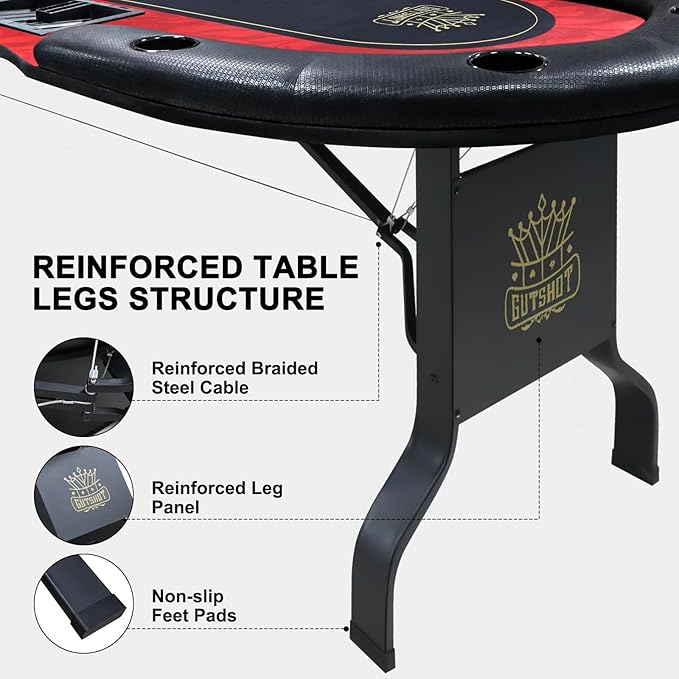 GUTSHOT Foldable Poker Table for 10 Players with 10 Chairs and Poker Chips Set - Premium Soft-Padded Armrest, Individual Cup Holders- Crafted with Durable Materials, Long-Lasting Poker Table