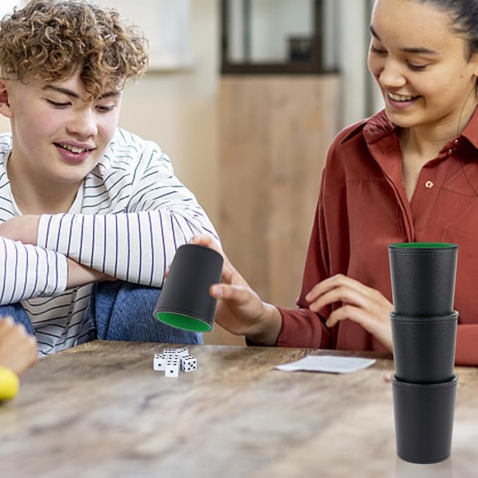 Felt-Lined PU Leather Dice Cup Set, 6 Quiet Dice Shaker Cups with 36 Dices for Bar Party Yahtzee Farkle Dice Games, Black and Green