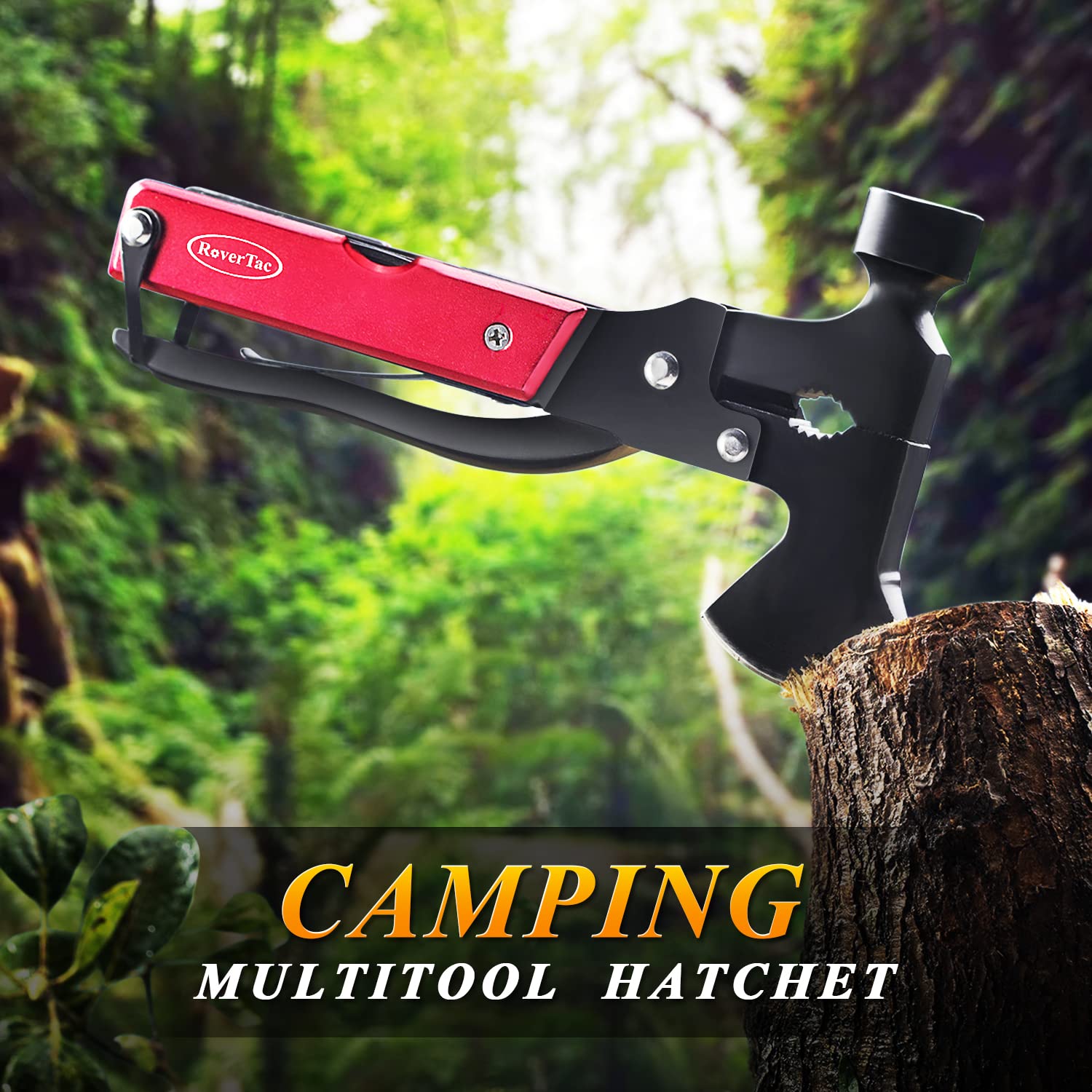 RoverTac 14-in-1 Multitool Camping Axe Hatchet – Essential Camping Gear with Knife, Hammer, Saw
