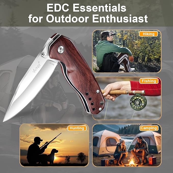 Vickay Pocket Knife for Men, Folding Knife for Women with Clip, 2.9inch 8Cr13MoV Steel Blade, Wood Handle EDC Knife for Camping, Tactical, Hunting, Camping, Hiking and Everyday Carry