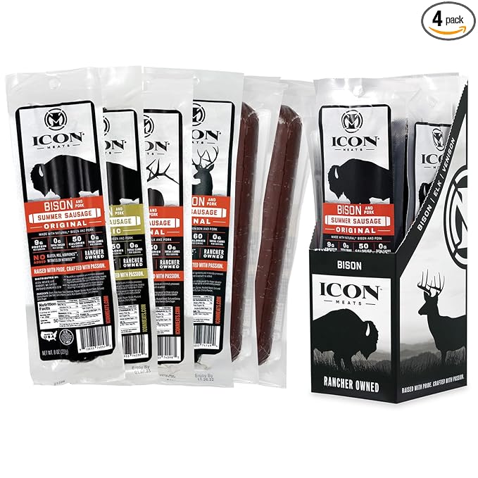 ICON Meats Summer Sausage Sampler Pack - Assorted Flavors of Bison, Elk, Venison, and Pork - 4 Pack of Individually Wrapped Meat Sausages, 1 Per Flavor - All Natural, High Protein, Low Calorie