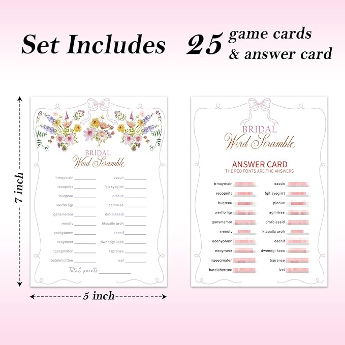 Word Scramble Bridal Shower Games, Wildflowers Pink Bow Games Card for Wedding Reception, Bridal Shower, Engagement, Bachelorette Party Activity Decorations (25 Pack) -A01