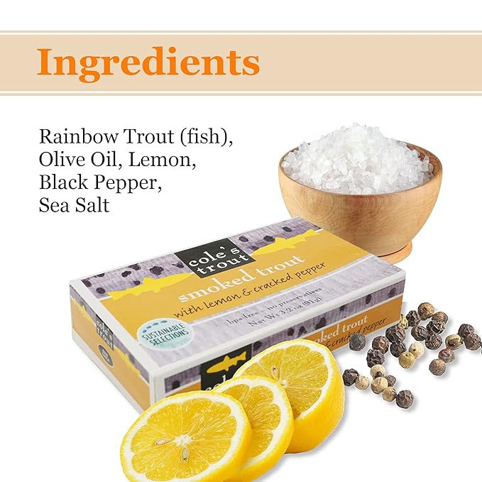 COLE?™S - Smoked Trout Fillet with Lemon & Cracked Pepper | 3.2oz Hand-Packed Canned Fish | High in Protein & Vitamin D | Preservative Free | Single Unit