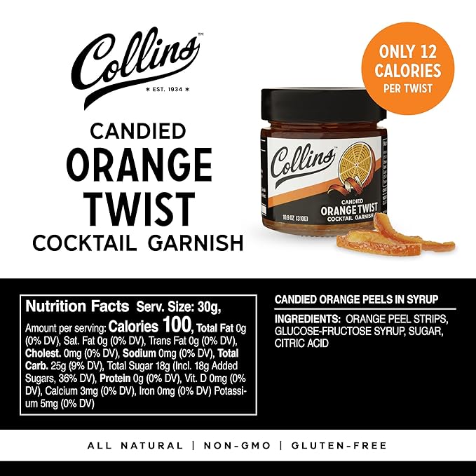 Collins Candied Fruit Orange Peel Twist in Syrup - Popular Cocktail Garnish for Skinny Margarita, Martini, Mojito, Old Fashioned Drinks, Peel for Baking, 10oz