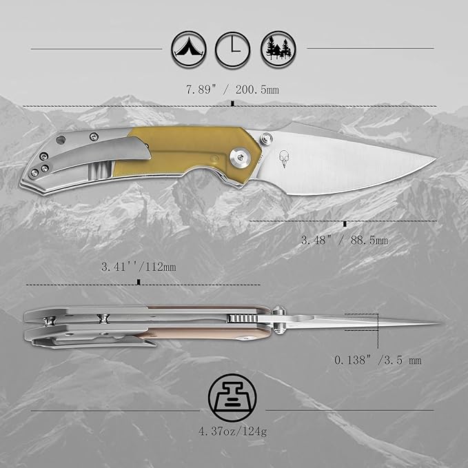 KANSEPT Fenrir Pocket Folding Knives for Men EDC Camping EDC Knives 3.48'' Satin CPM S35VN Material Camping Fishing Knives with Plain Titanium Amber PEI/Ultem Handle Everyday Carry K1034P1