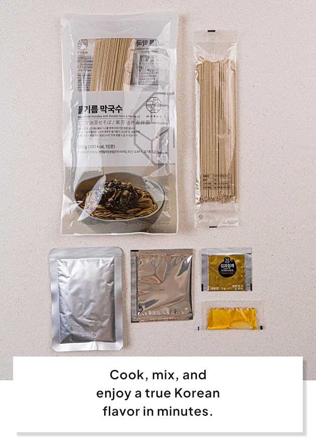 Korean Food Buckwheat Soba-Style Noodles with Perilla Oil & Gondre ??Authentic Korean Herb Flavor, Nutty & Earthy Taste, 1 Serving (4.44oz, 126g)