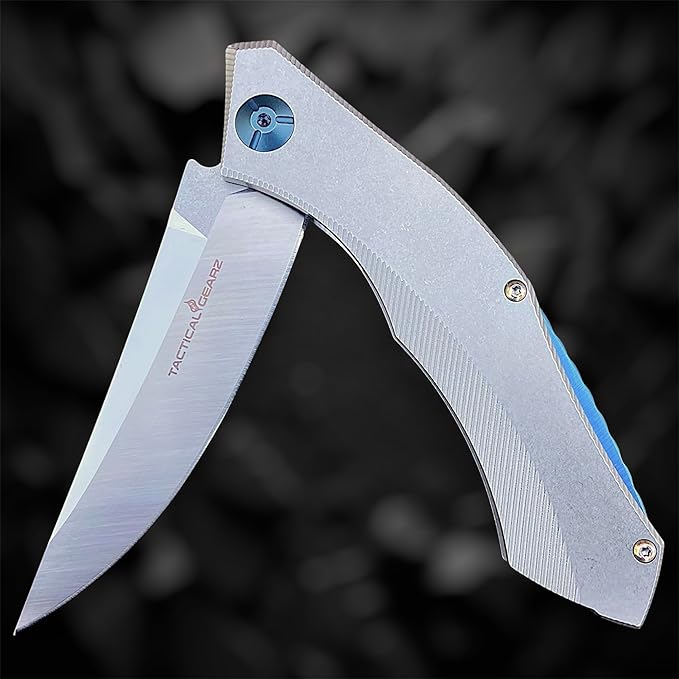 TACTICAL GEARZ Pocket Knife for EDC, Stonewashed Stainless Steel Handle, D2 Steel Blade, Includes Sheath (Triton S)