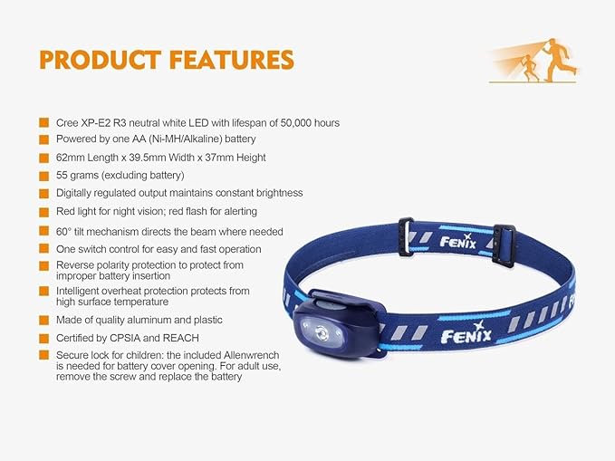 Fenix HL16 70 Lumen LED Headlamp for camping/hiking kids/children with EdisonBright AA Alkaline battery (Purple)