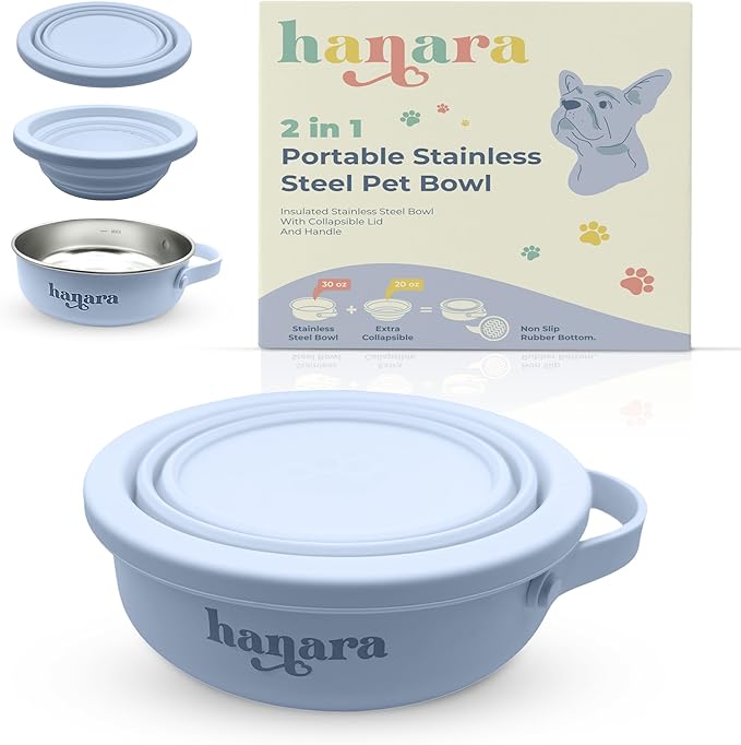 HANARA 2-in-1 Insulated Dog Bowl with Collapsible Lid & Handle ??Stainless Steel, Non-Slip Rubber Base ??Portable Pet Water & Food Bowl for Dogs & Cats ??30 OZ + 20 OZ ??Indoor & Outdoor (Blue)
