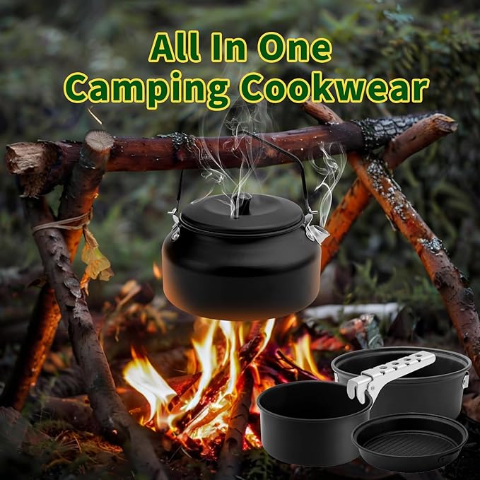 Camping Cookware Set, Non-Stick Lightweight Aluminum Camping Pot and Pan Set with Kettle for Backpacking, Hiking, Outdoor Cooking and Picnic