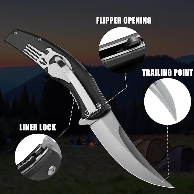 Tactical Folding Knife with upswept 440C High Carbon Stainless Steel Blade, Black Aluminum Handle, with Deep Carry Pocket Clip, Outdoor EDC Knife for Camping, Hiking, Fishing
