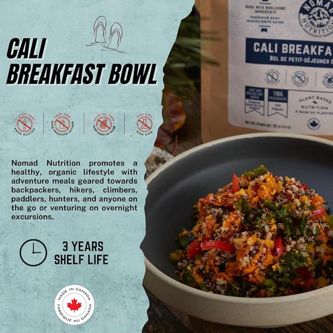 Nomad Nutrition Cali Breakfast Bowl | Instant Freeze Dried Backpacking & Camping Food | Plant-Based, Non-GMO Hiking Meals with High-Energy, Vegan, Gluten-Free | 56g - 2 Pack