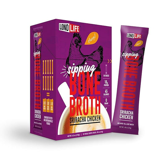 LonoLife Sriracha Chicken Bone Broth Powder Mix | 10g Protein | Collagen-Rich, Keto & Paleo Friendly | Natural Ingredients | 10 Portable Stick Pack Servings