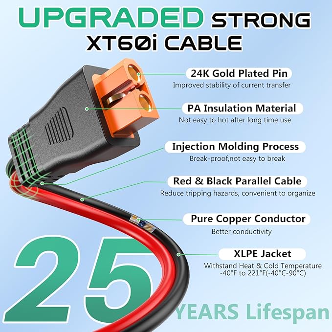 12AWG XT60i Solar Cable 50FT, XT60i Solar Connector to Portable Power Station