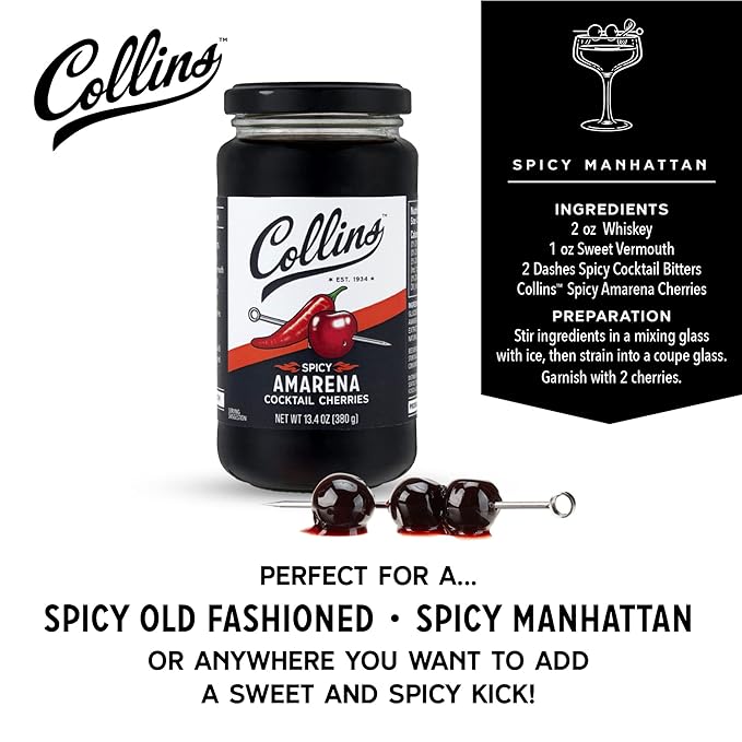 Collins Spicy Amarena Cherries in Syrup, Black Cherries for Old Fashioned or Manhattan, Cocktail Cherries, Garnish for Cocktails or Desserts,13.4oz