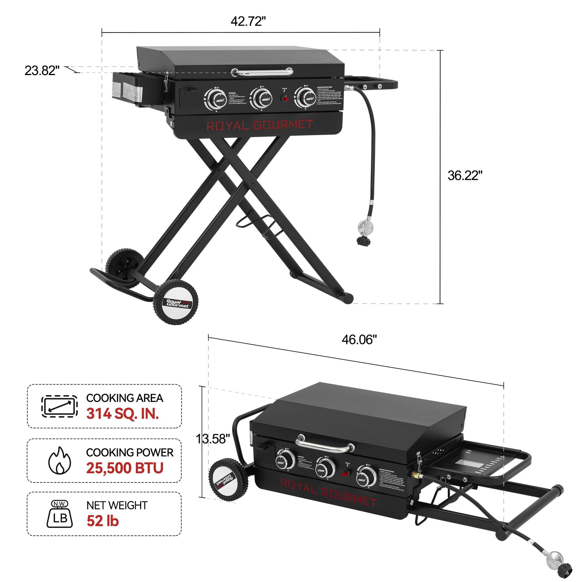 Royal Gourmet PD3001 3-Burner Propane Gas Griddle with Collapsible Stand