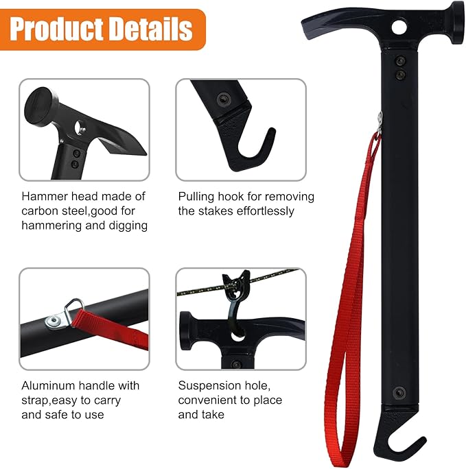 Eurmax USA Hiking Camping Tent Stakes and Hammer Set Lightweight Multi-Function Tent Hammer with Tent Stake Remover,Tent Pegs for Camping, Hiking, Backpacking, Gardening(Gold Stakes)