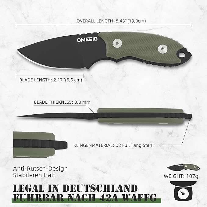 Omesio Neck Knife with Sheath and Necklace, 5.43" Small Fixed Blade Knife, Full Tang with Clip, D2 Steel 2.17-Inch Blade, G10 Handle for Outdoor, Camping, EDC (Black Blade + Green Handle)