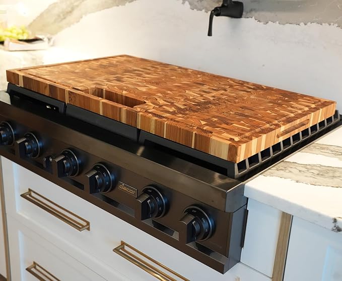 EcoDecors Extra Large Solid Teak Butcher Block 34"x20", End Grain Cutting Board with Juice Groove, Waste Slot, Handles, FSC Certified Carving Board for Stove-Top Prep