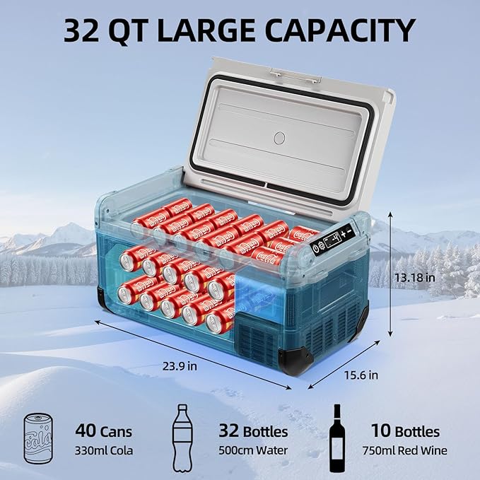 12V Car Refrigerator,32QT Portable Fridge Freezer with Blow Expansion Evaporator,-4℉~68℉ 12/24V DC & 120-240V AC Freezer Cooler for Truck RV SUV Camping Travel，Reversible Door