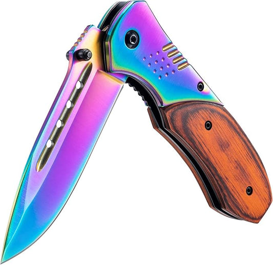 Pocket Knife for Men - 3.46" Sharp Blade Wood Handle Pocket Folding Knives with Clip, Glass Breaker - EDC Knives for Survival Camping Fishing Hiking Hunting Women, Rainbow