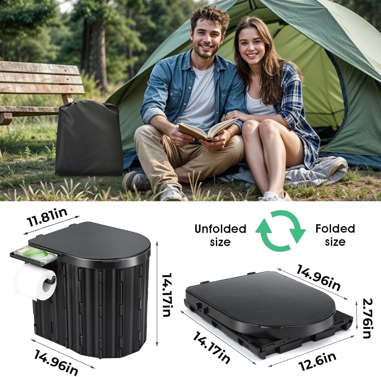 Sckee Camping Toilet, Portable Toilet for Adults, Portable Travel Folding Toilet with Lid and Paper