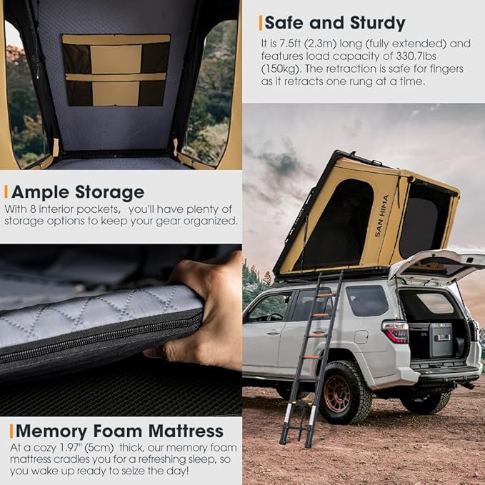Sanhima Rooftop Tent Hard Shell - Hotham Overland Aluminium Roof Top Tent w/Larger Space, LED Strip Light & Skyview Window, 2” Thick Mattress, for Car SUV Truck Camping, 2-3 People Tent
