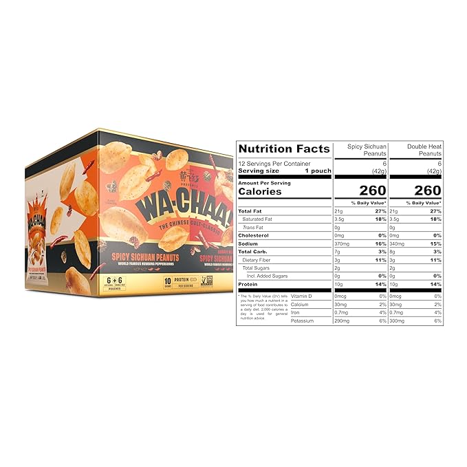 WA-CHAA! Variety Pack Spicy Sichuan Peanuts, Numbing Mala Peppercorns, Toasted Chili Flakes, Protein-Packed, Party Snacks, Non-GMO, On-The-Go Travel Size 1.5 Oz 12 pack (6 Original Heat + 6 Double Heat)
