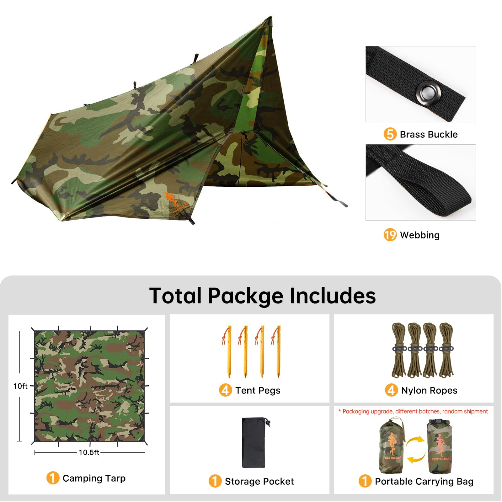 FREE SOLDIER Waterproof Camping Tarp Shelter Awning(Camo 10×10.5ft)