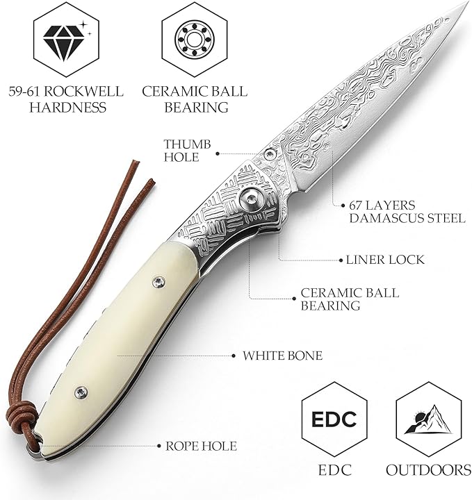 Handmade Damascus Folding Pocket Knife，Thumb Stud,3.15" Polished Blade & Steel Bolster, Liner Lock, White Bone Handle,Ceramic Bearings，EDC Knives Gift for Men.Piscis Austrinus-02W