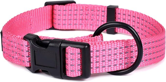 Mile High Life Dog Collar, Nylon Reflective Dog Collars w Pull D-Ring, Light Weight Puppy Collars, Hanger Dog Collars for Large Dogs(Pink, X-Small)