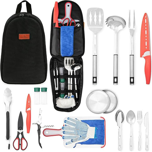 Camping Utensils Set, 21pcs Camp Cooking Kit with BBQ Tools, Knife Set & Spice Kit ??Heat-Resistant Cutting Board, Dishwasher-Safe Cutlery for Outdoor, Hiking, Backpacking