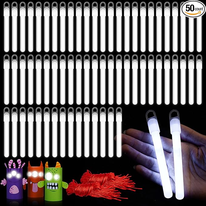 Lewtemi 50 Set 4'' Glow Sticks Bulk, Hallowee Glow in The Dark Party Supplies, Emergency Light Sticks with Lanyard, for Birthday, Light up, Neon, Halloween Theme Party Favors