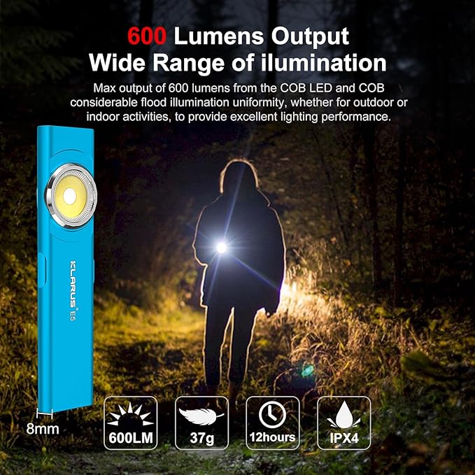klarus E5 Pocket Flashlight, Rechargeable EDC Flashlight, Super Slim 4.2x1x0.3inch, 600 Lumens, USB-C Port, IPX4, Dual Light Source with Magnetic Base, Hat & Clothes Clip - Blue