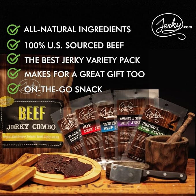 Jerky.com Beef Jerky Sampler Pack – 5 Flavors (Original, Black Pepper, Teriyaki, Sweet & Spicy, Hot) – Premium Meat Snack, No MSG, High-Protein Gift for Men (5 Flavors - 1 oz. bags)
