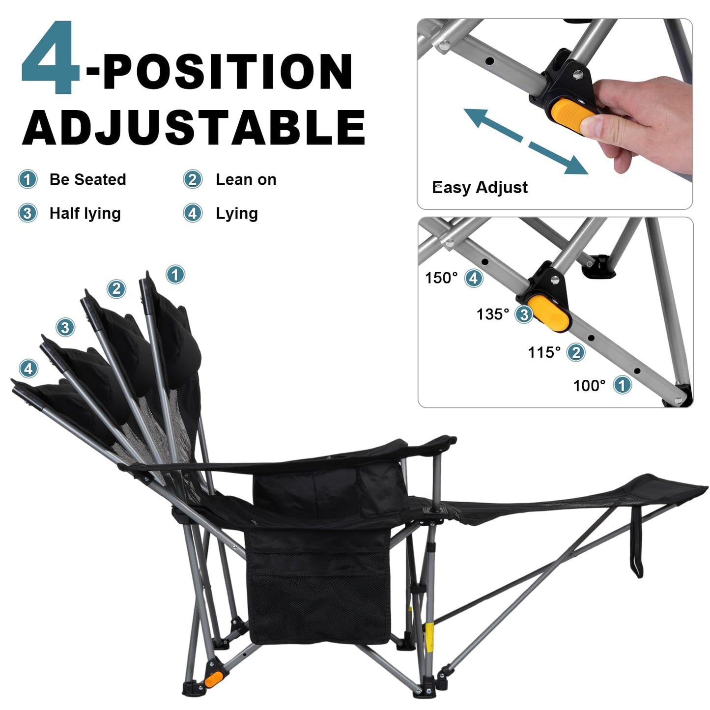 Romswi 2Pack 4-Position Reclining Camping Chair with Removable Footrest, 2-in-1 Adjustable Portable