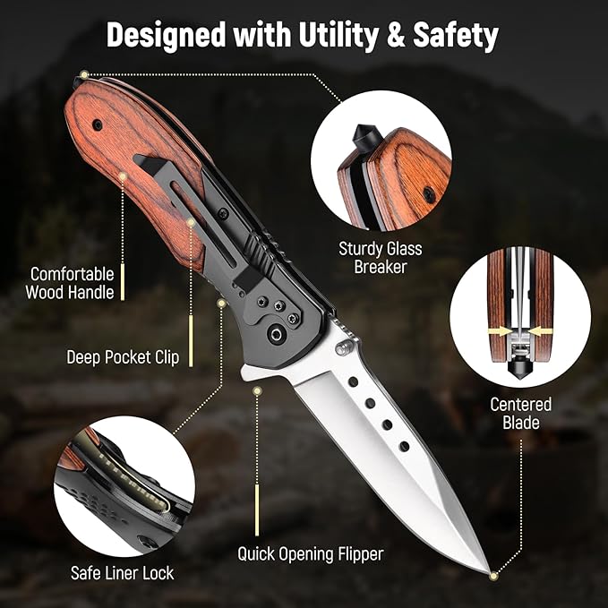 Pocket Knife for Men - 3.46" Sharp Blade Wood Handle Pocket Folding Knives with Clip, Glass Breaker - EDC Knives for Camping Survival Fishing Outdoor Hiking Women Men,Black-Silver