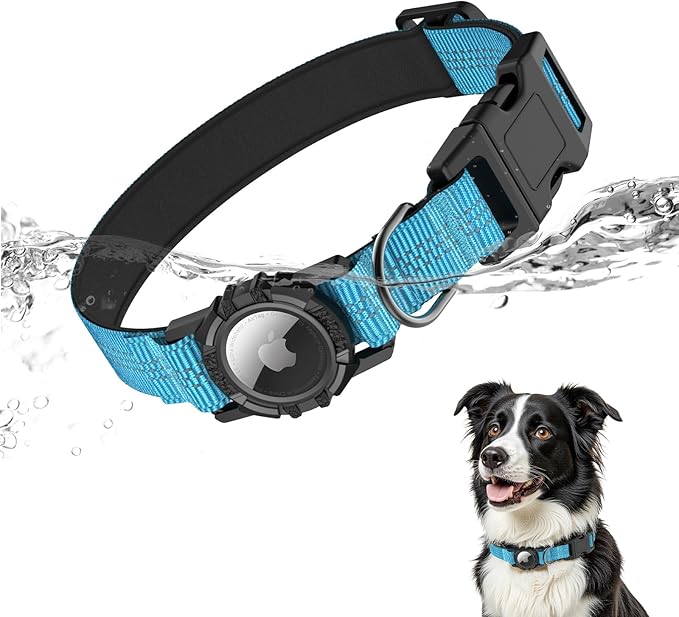 IP68 Waterproof AirTag Dog Collar ??Heavy Duty Reflective Padded Design with Integrated AirTag Holder for Small, Medium & Large Dogs ??Comfortable & Durable, Size M (12.6"-17.1"), Blue