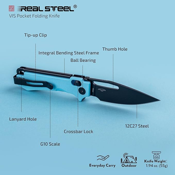 REALSTEEL VIS Pocket Knife, Folding Knife, Crossbar Lock, 2.72" Small 12C27 Steel PVD Black Blade, Thumb Hole, G10 Handle, 1.94oz, Pocket Clip, Versatile Outdoor Indoor EDC Knife, Gifts for Men Women Camping Hiking Fishing Climbing (Blue G10/Black)