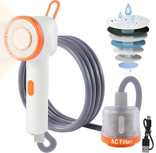Portable Camping Shower Head with Filter Function, Handheld Electric Shower Head with LED Light and USB-C, Integrated Design of Water Pump with Filtration, Outdoor Camp, RV, Travel, Indoors