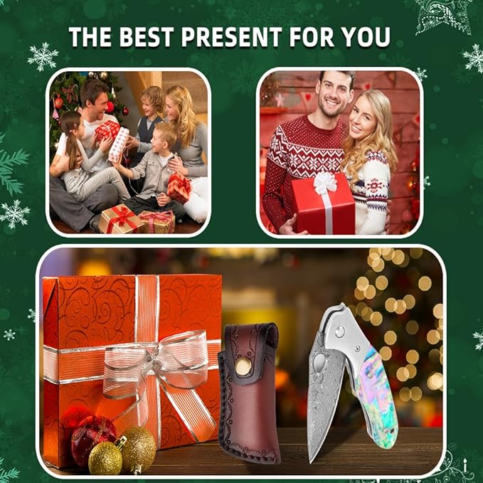 Cottonbell Damascus Pocket Knife Folding Knife for Men Women Unique Rainbow Abalone Shell Handle, with Sharp VG10 Core Damascus Steel Knife for Outdoor Camping Fishing Hiking Hunting Gift