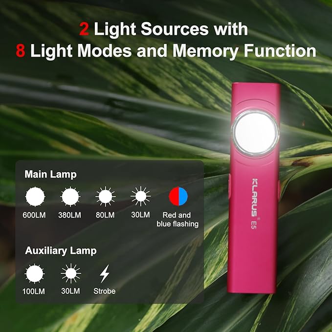 klarus E5 Pocket Flashlight, Rechargeable EDC Flashlight, Super Slim 4.2x1x0.3inch, 600 Lumens, USB-C Port, IPX4, Dual Light Source with Magnetic Base, Hat & Clothes Clip - Red