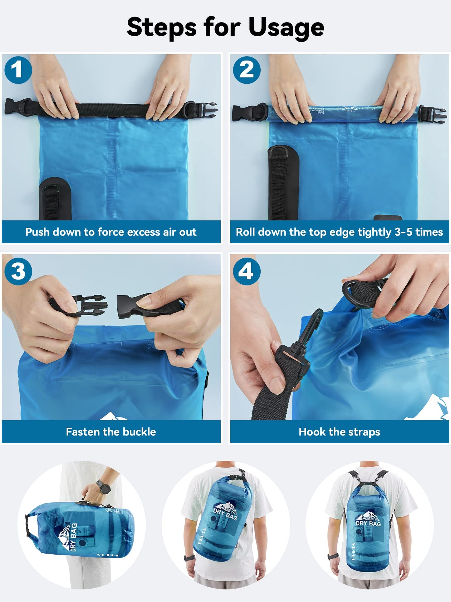 HEETA Dry Bag Waterproof Backpack with Phone Case (Transparent Blue, 5L)