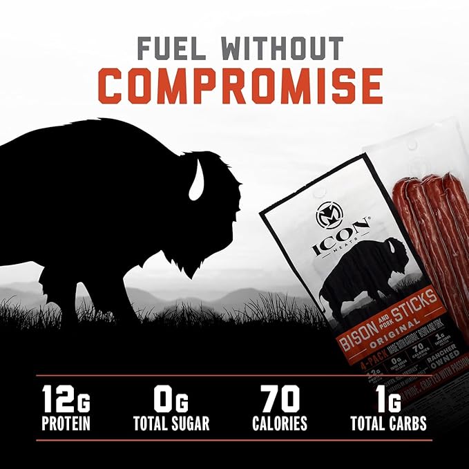 ICON Meats Bison and Pork Snack Sticks - Original Flavor – 6 Packs Per Box, 4 Sticks Per Pack, All Natural Jerky Meat Sticks, USDA Approved, Diet Friendly, High Protein, Low Calorie, Sugar Free