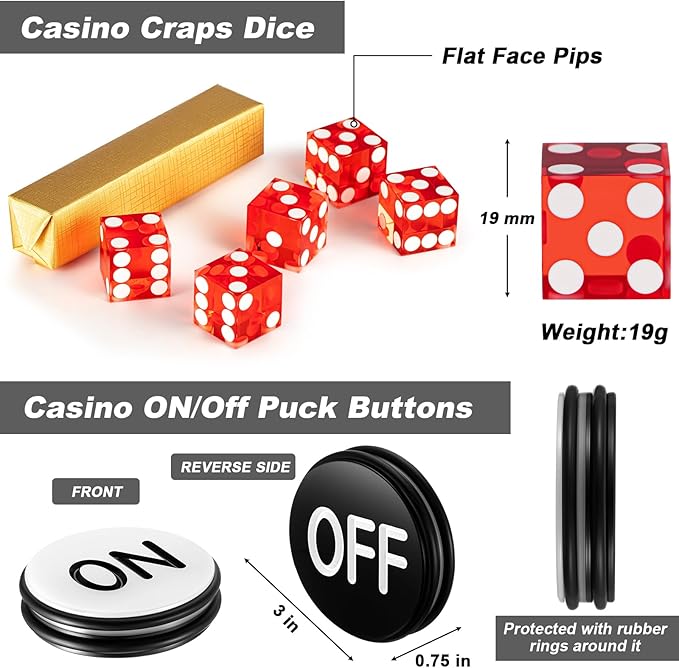 Leyndo Craps Tabletop Game Set, Includes 48"x11" Rubber Craps Diamond Pyramid Bumper, Casino Grade AAA 19mm Dice, 3 Inch On/Off Buttons for Casino Poker Nights(Black)