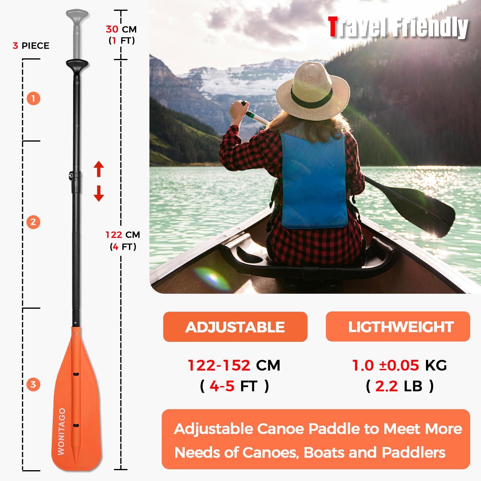 WONITAGO Adjustable Canoe Paddle, Collapsible Boat Paddle, 4-5 FT