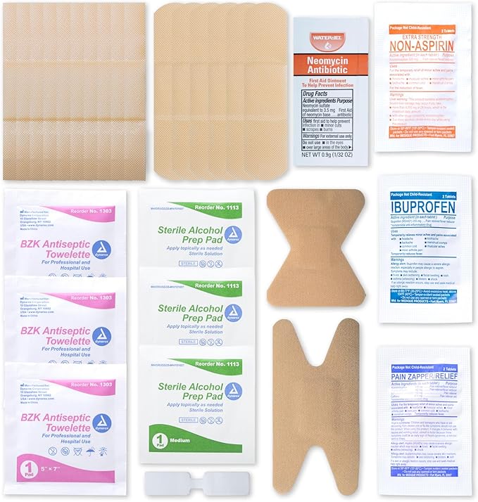 MFASCO First Aid Fill Kit Refill Pack - Hurt Ease Meds, 29pc First Aid Supplies - Travel or Personal Kits, Essential Medical Items, Compact Size, Emergency Refill, 4 X 3 X 0.5 inches