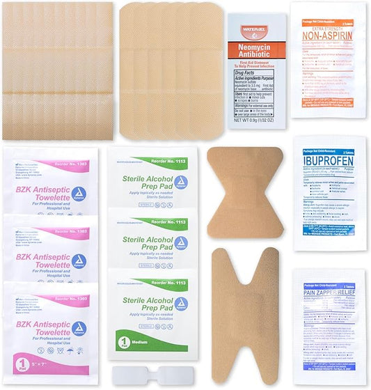 MFASCO First Aid Fill Kit Refill Pack - Hurt Ease Meds, 29pc First Aid Supplies - Travel or Personal Kits, Essential Medical Items, Compact Size, Emergency Refill, 4 X 3 X 0.5 inches