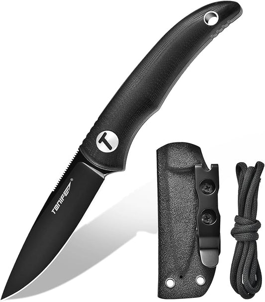 TONIFE Nova 2.68'' Blade Mini Neck Knife Full Tang Fixed Blade Knife with Kydex Sheath and Adjustable Paracord Lanyard for Camping Outdoor Survival Tool (Black+Black Titanium)